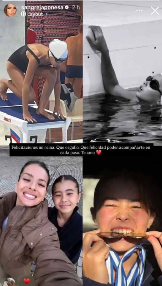 La China Suárez junto a Rufina Cabré tras una competencia de natación en Turquía, mostrando las medallas obtenidas.