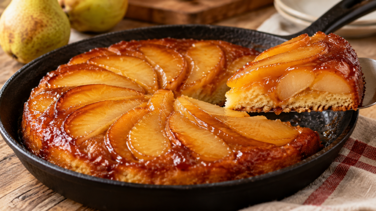 Cómo hacer una torta invertida de peras con caramelo en sartén y sin usar el horno